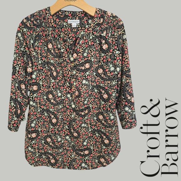 Croft & Barrow Women’s Multicolor Paisley Button-Down Blouse Convertible Sleeves - Picture 8 of 9